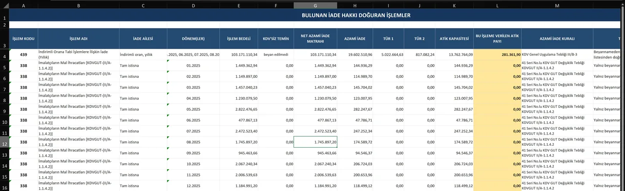 ATİK Hesaplama: Excel: iade işlemleri